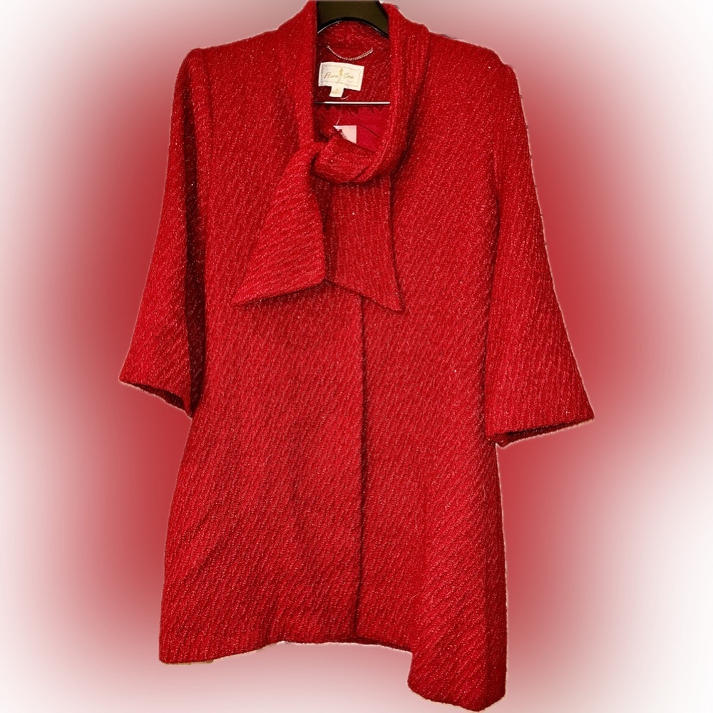 Chic Red and Metallic Gold Pea Coat with Built in Scarf